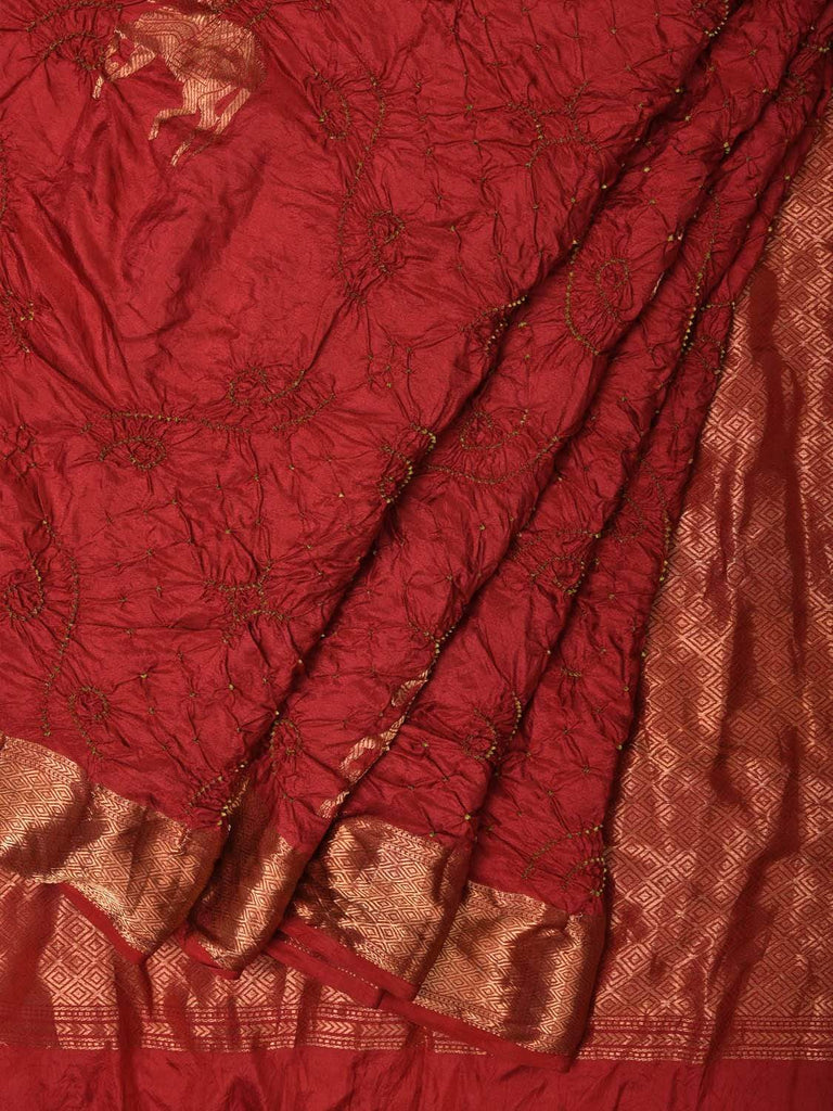 Red Bandhani Kanchipuram Silk Handloom Saree with Horse Buta Design bn0237