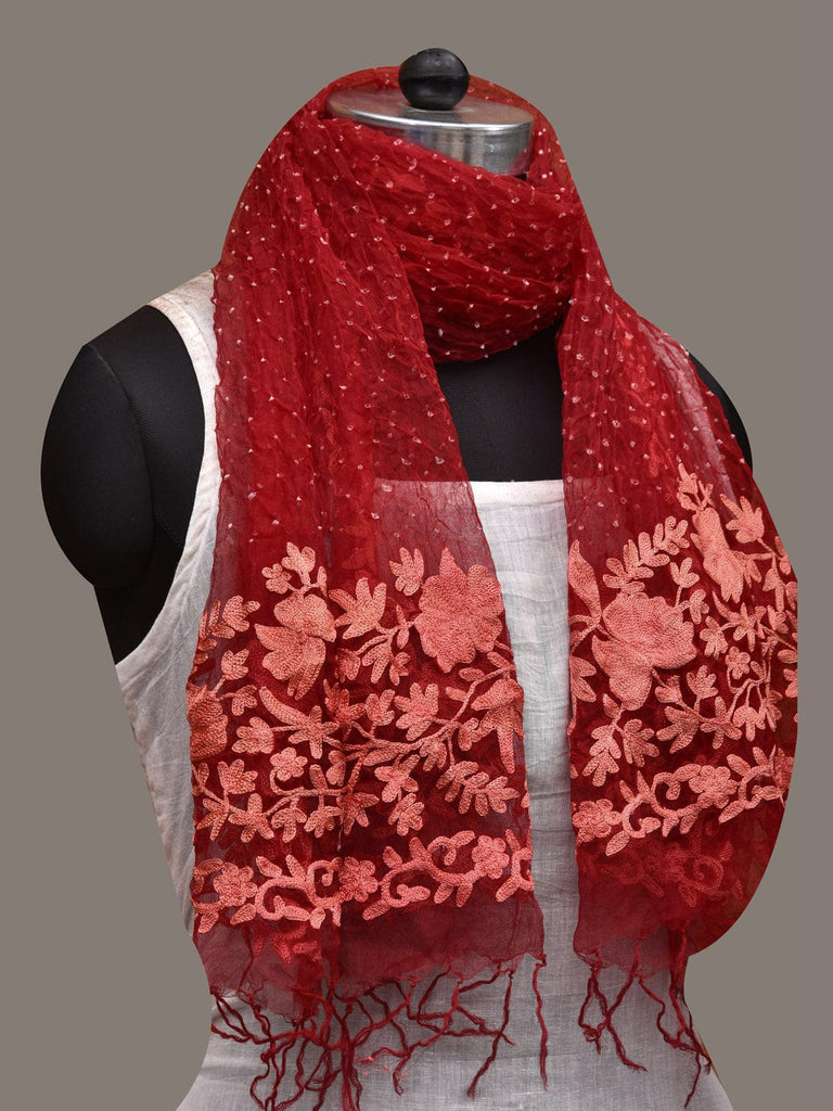 Red Bandhani Organza Stole with Embroidary Work Design ds2854