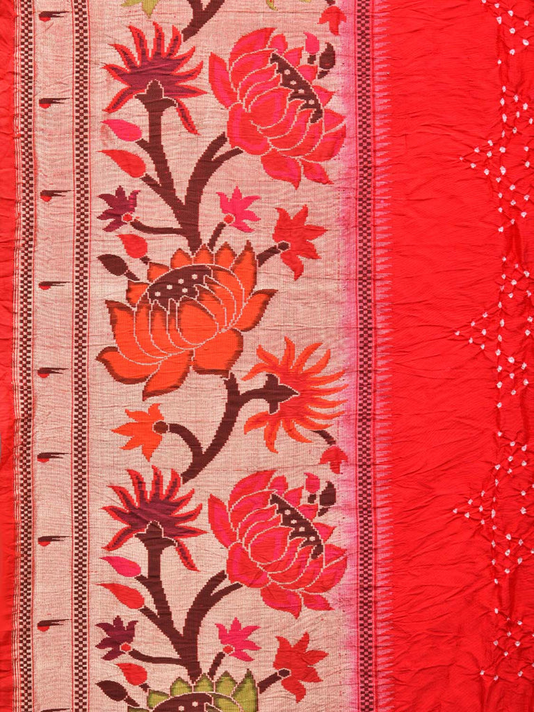 Red Bandhani Paithani Silk Handloom Saree with Lotus Border Design bn0200