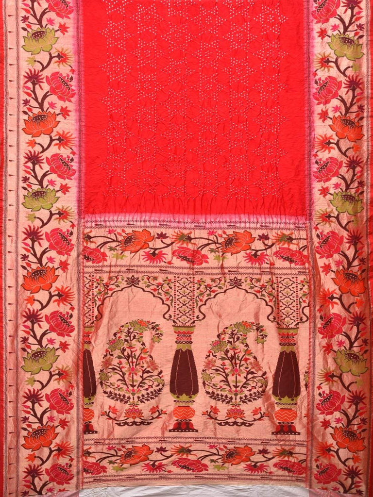 Red Bandhani Paithani Silk Handloom Saree with Lotus Border Design bn0200