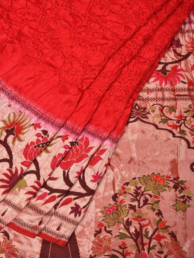 Red Bandhani Paithani Silk Handloom Saree with Lotus Border Design bn0200