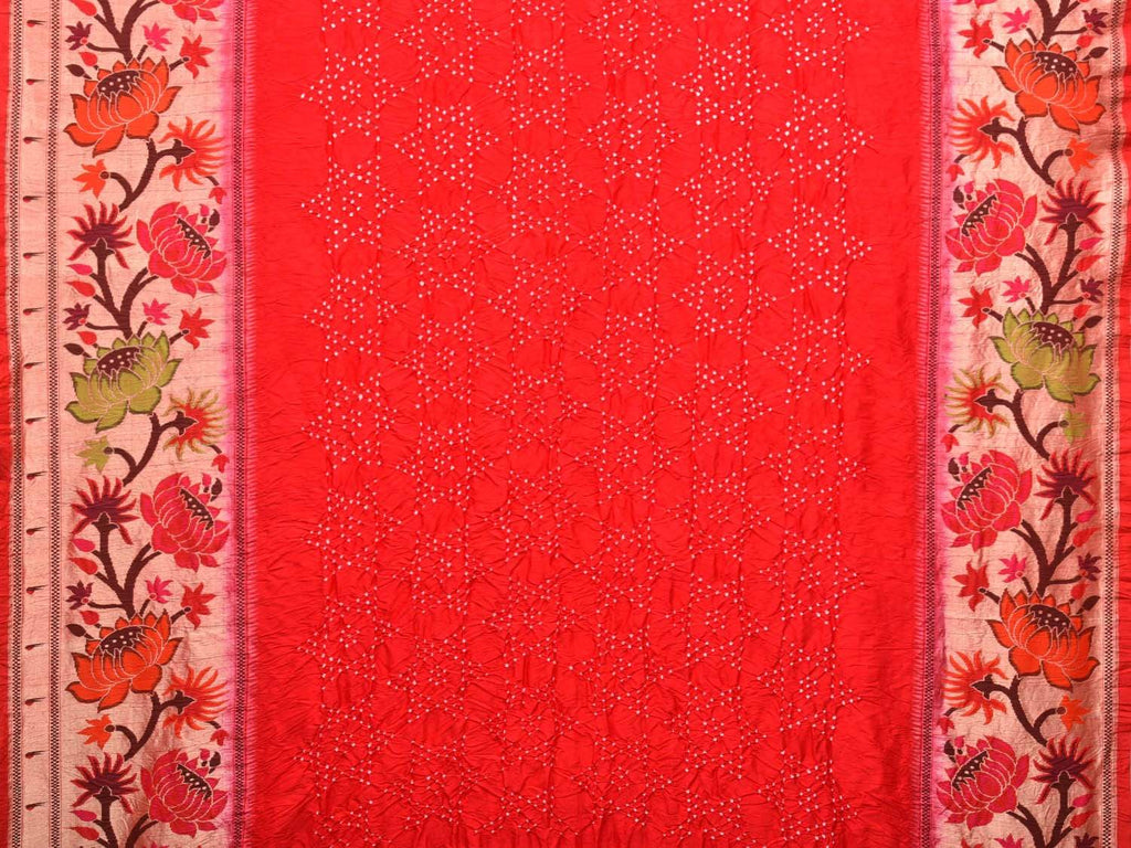 Red Bandhani Paithani Silk Handloom Saree with Lotus Border Design bn0200