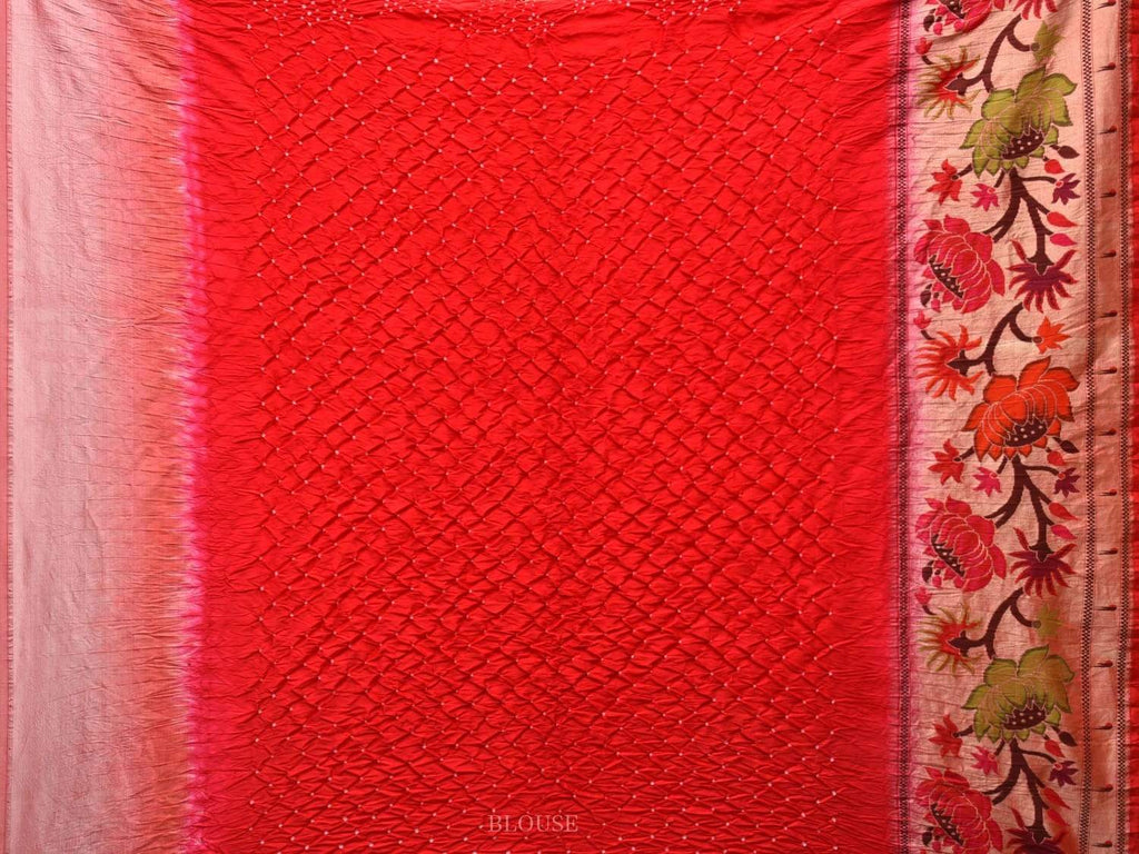 Red Bandhani Paithani Silk Handloom Saree with Lotus Border Design bn0200