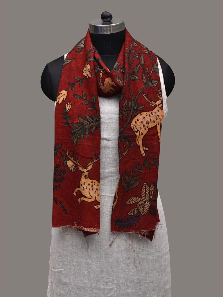 Red Kalamkari Hand Painted Cotton Handloom Stole with Birds and Animals Design ds2569