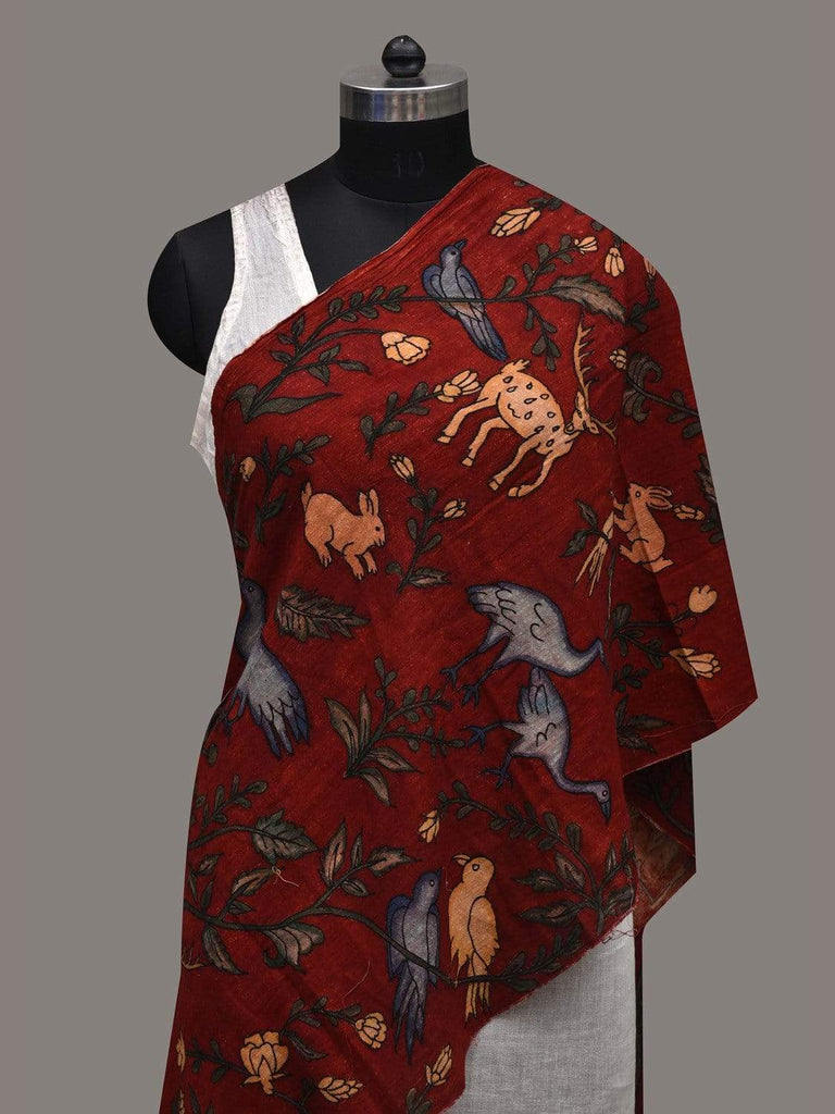 Red Kalamkari Hand Painted Cotton Handloom Stole with Birds and Animals Design ds2569