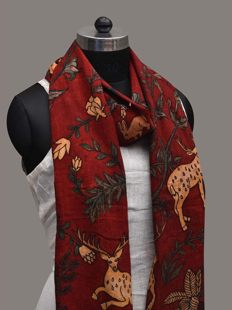 Red Kalamkari Hand Painted Cotton Handloom Stole with Birds and Animals Design ds2569