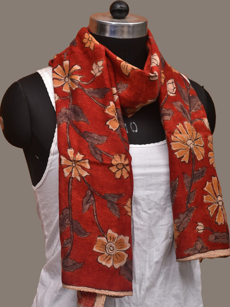 Red Kalamkari Hand Painted Cotton Handloom Stole with Floral Design ds3094