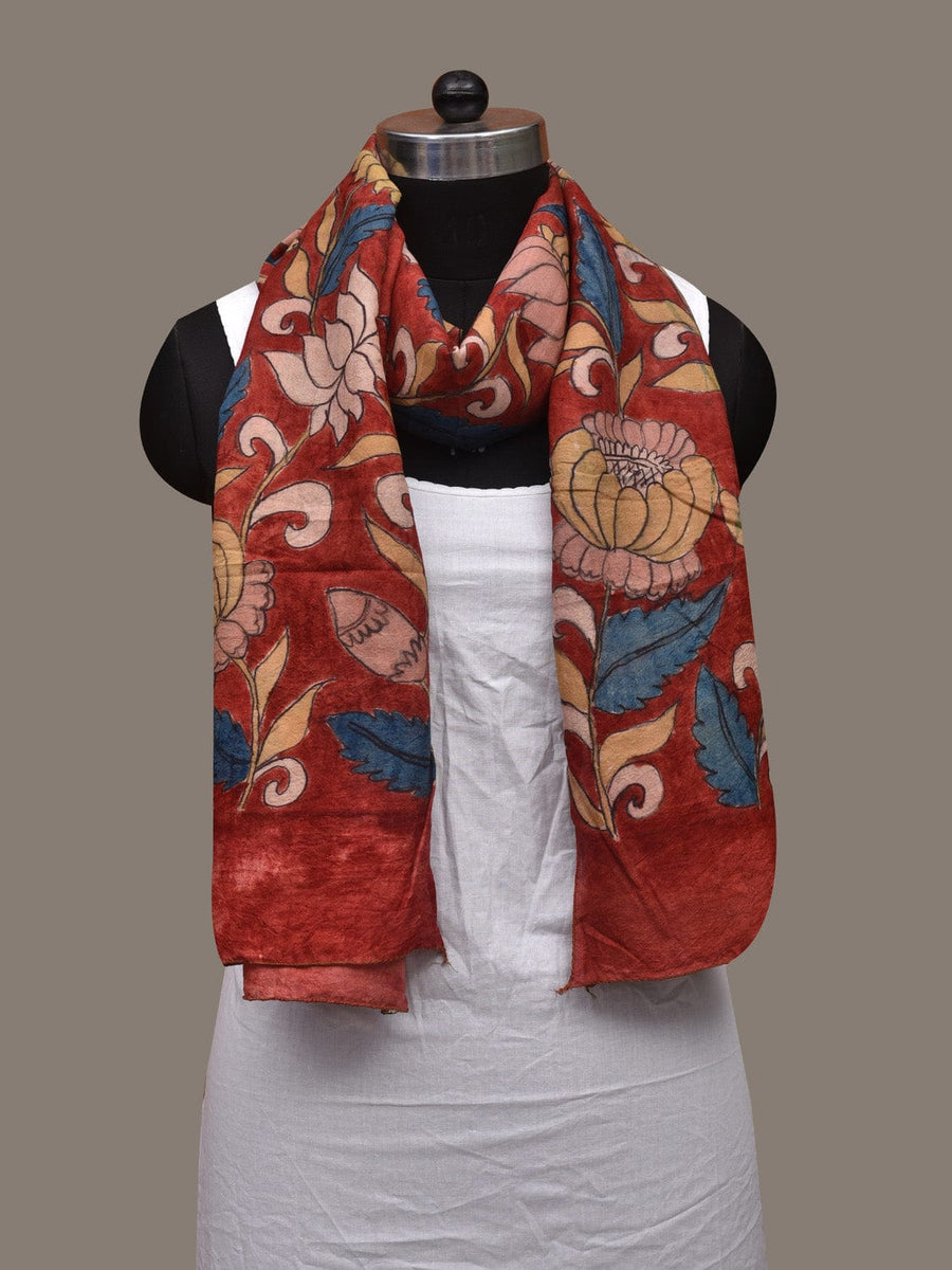 Red Kalamkari Hand Painted Cotton Handloom Stole with Lotus Flowers De ...