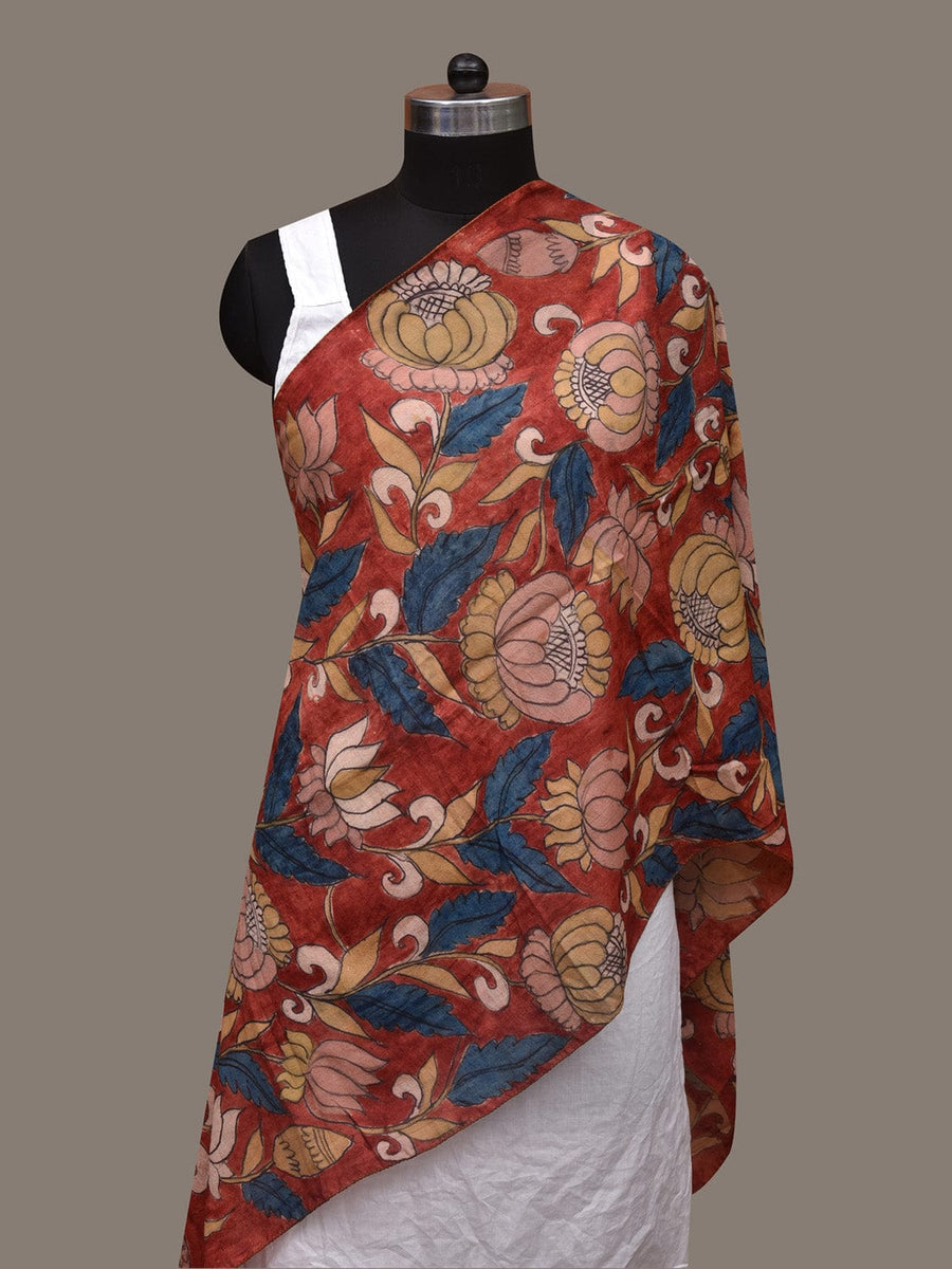 Red Kalamkari Hand Painted Cotton Handloom Stole with Lotus Flowers De ...