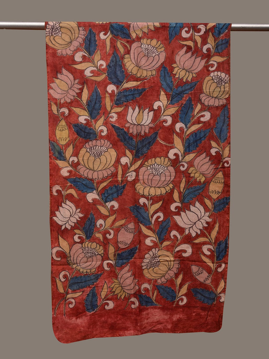 Red Kalamkari Hand Painted Cotton Handloom Stole with Lotus Flowers De ...