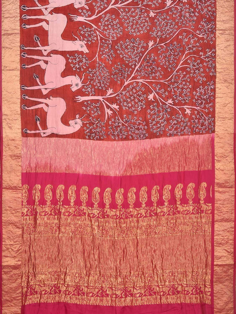 Red Kalamkari Hand Painted Kanchipuram Pure Silk Saree with Forest and Deers Design KL0127
