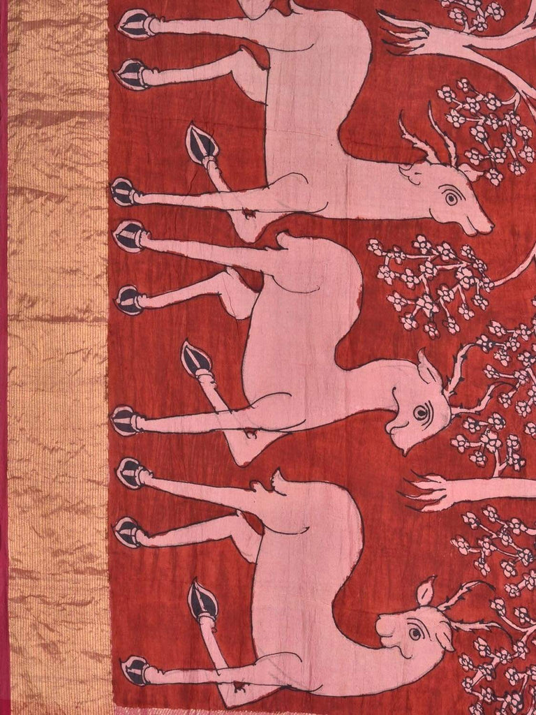 Red Kalamkari Hand Painted Kanchipuram Pure Silk Saree with Forest and Deers Design KL0127