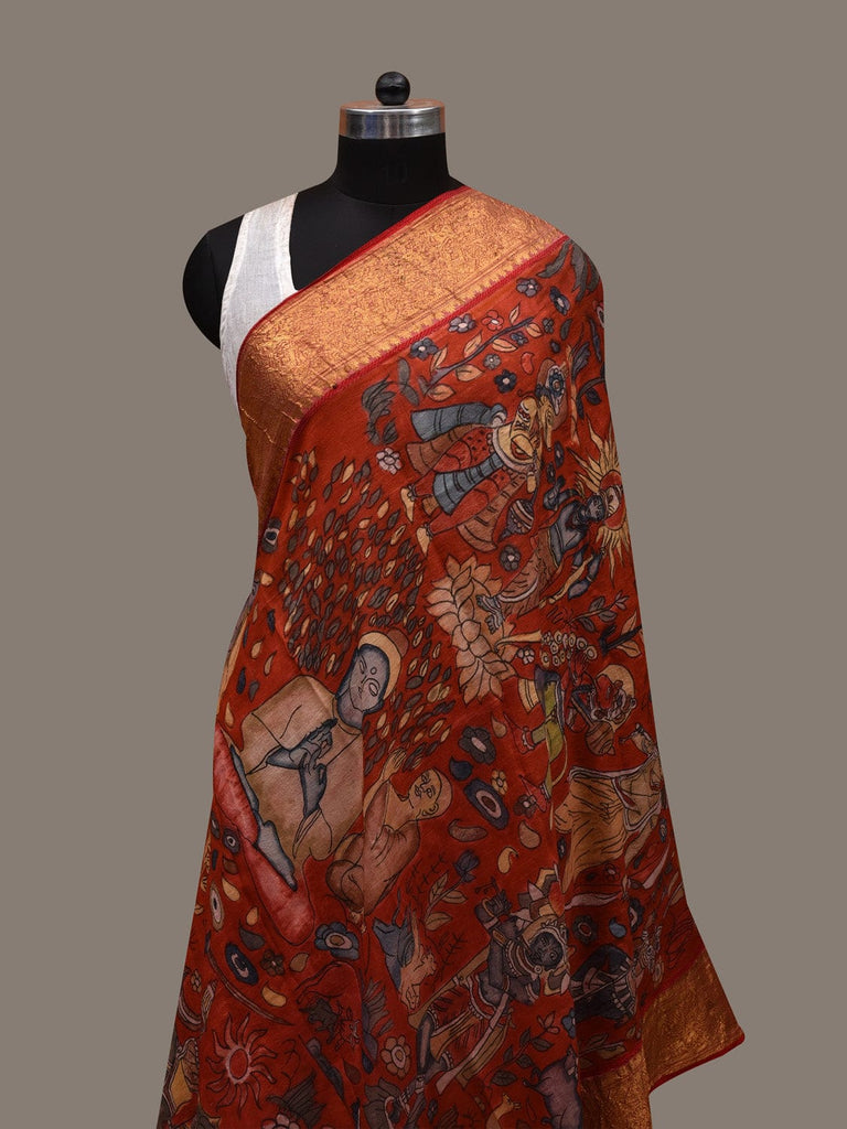 Red Kalamkari Hand Painted Kanchipuram Silk Handloom Dupatta with Dashavatar Design ds2908
