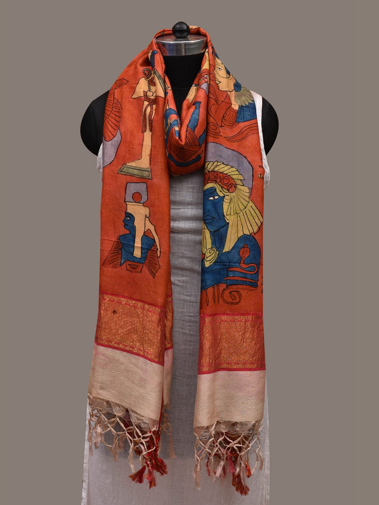 Red Kalamkari Hand Painted Kanchipuram Silk Handloom Dupatta with Egyptian Design ds2670