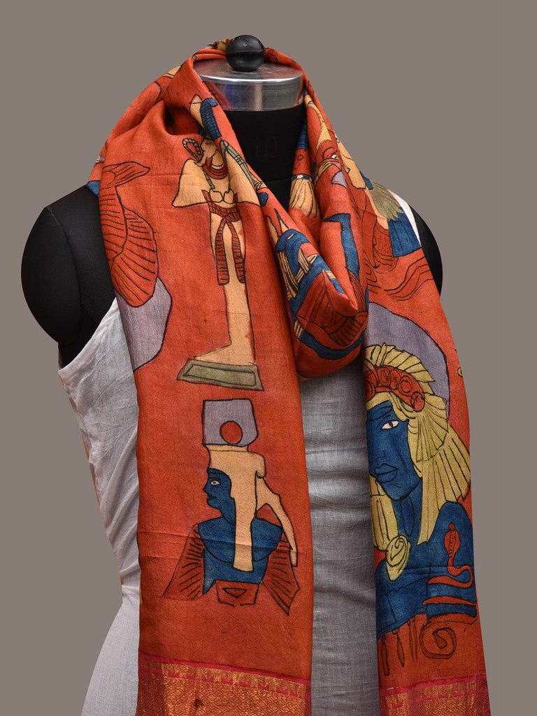 Red Kalamkari Hand Painted Kanchipuram Silk Handloom Dupatta with Egyptian Design ds2670