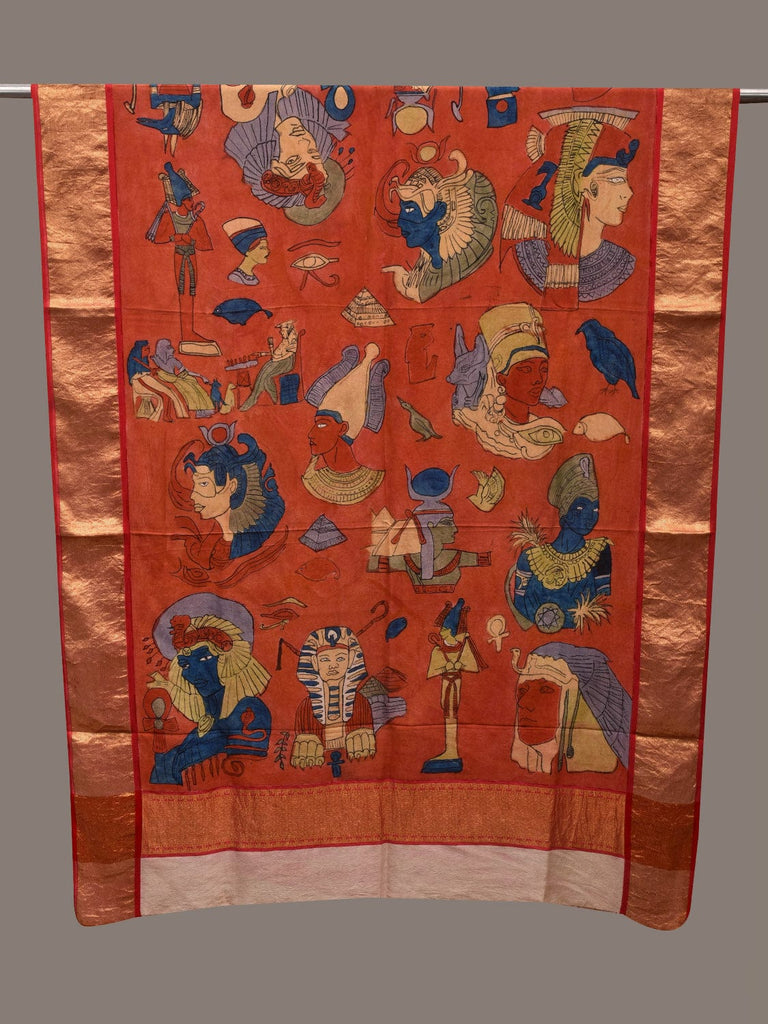 Red Kalamkari Hand Painted Kanchipuram Silk Handloom Dupatta with Egyptian Design ds2670