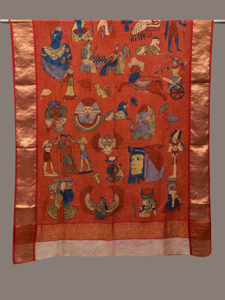 Red Kalamkari Hand Painted Kanchipuram Silk Handloom Dupatta with Egyptian Design ds2670