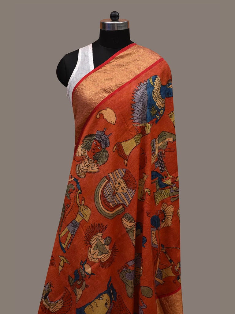 Red Kalamkari Hand Painted Kanchipuram Silk Handloom Dupatta with Egyptian Design ds2670
