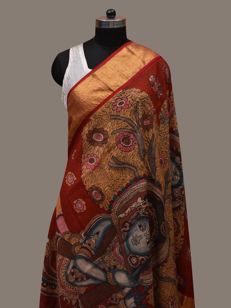 Red Kalamkari Hand Painted Kanchipuram Silk Handloom Dupatta with Krishna Design ds2635