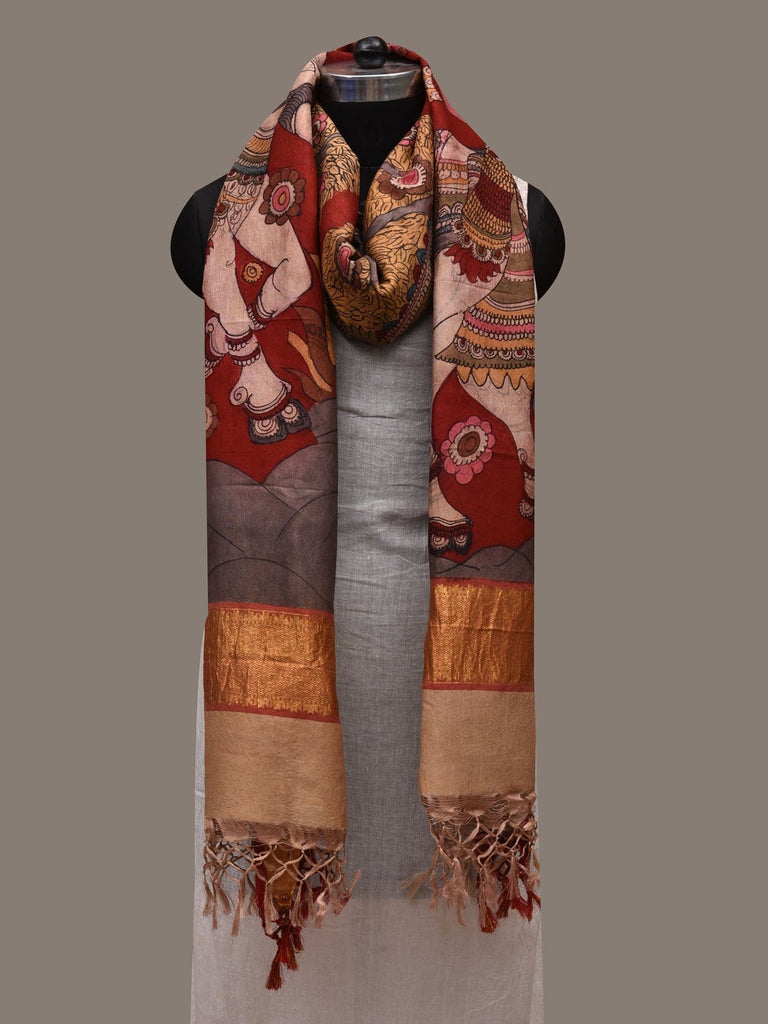 Red Kalamkari Hand Painted Kanchipuram Silk Handloom Dupatta with Krishna Design ds2635