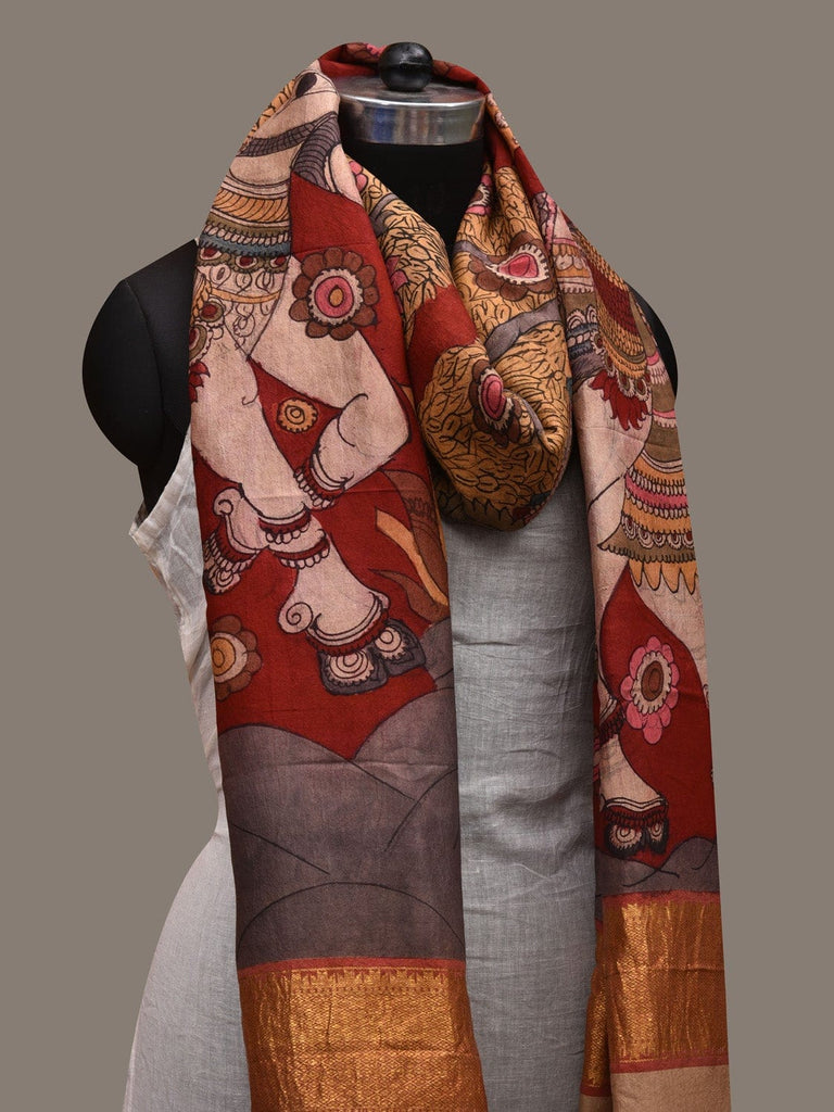 Red Kalamkari Hand Painted Kanchipuram Silk Handloom Dupatta with Krishna Design ds2635