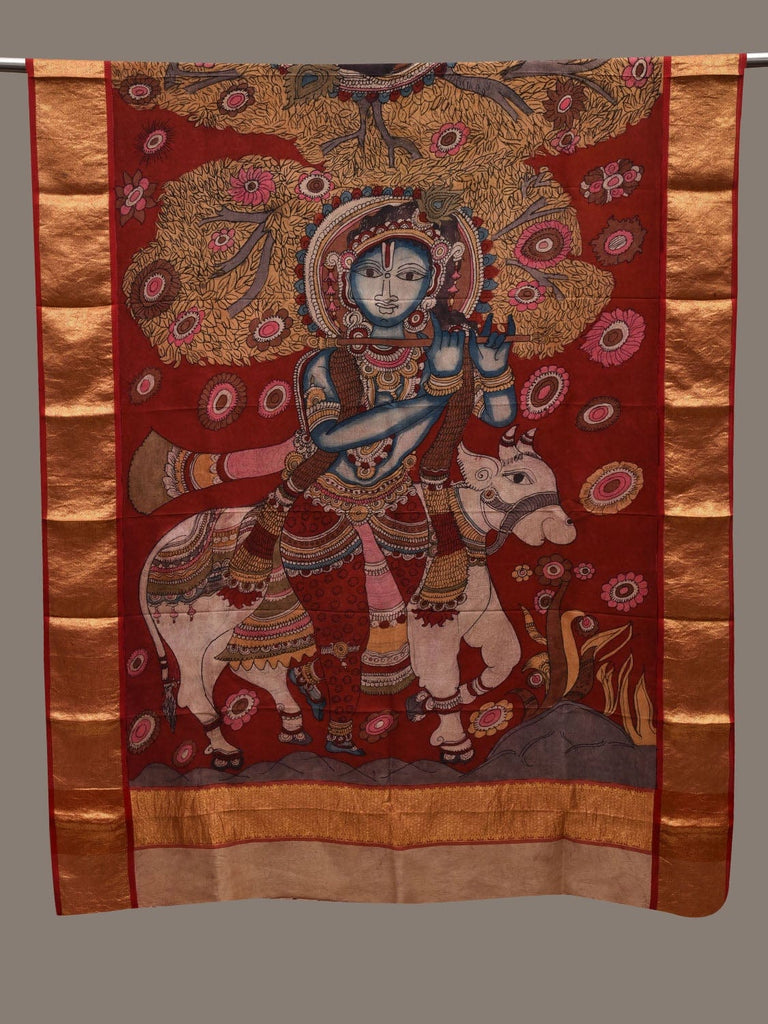Red Kalamkari Hand Painted Kanchipuram Silk Handloom Dupatta with Krishna Design ds2635