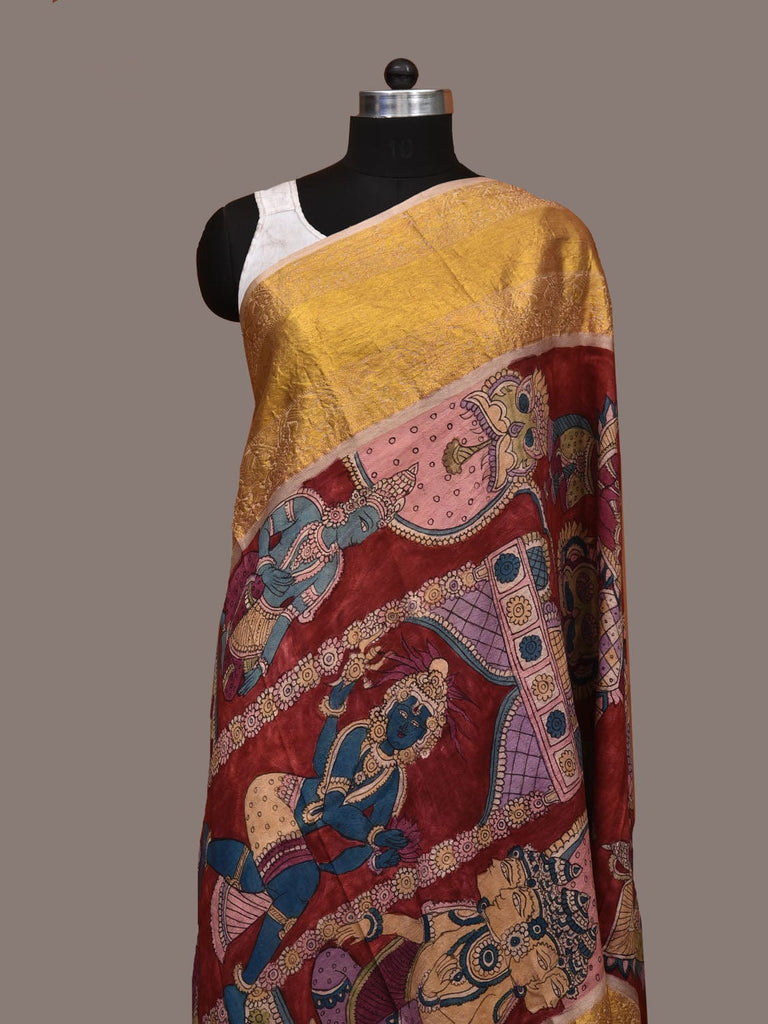 Red Kalamkari Hand Painted Kanchipuram Silk Handloom Dupatta with Krishna Design ds3186