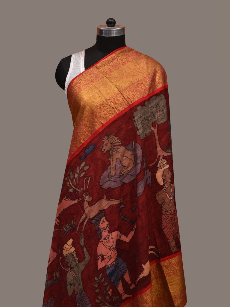 Red Kalamkari Hand Painted Kanchipuram Silk Handloom Dupatta with Village Design ds2982