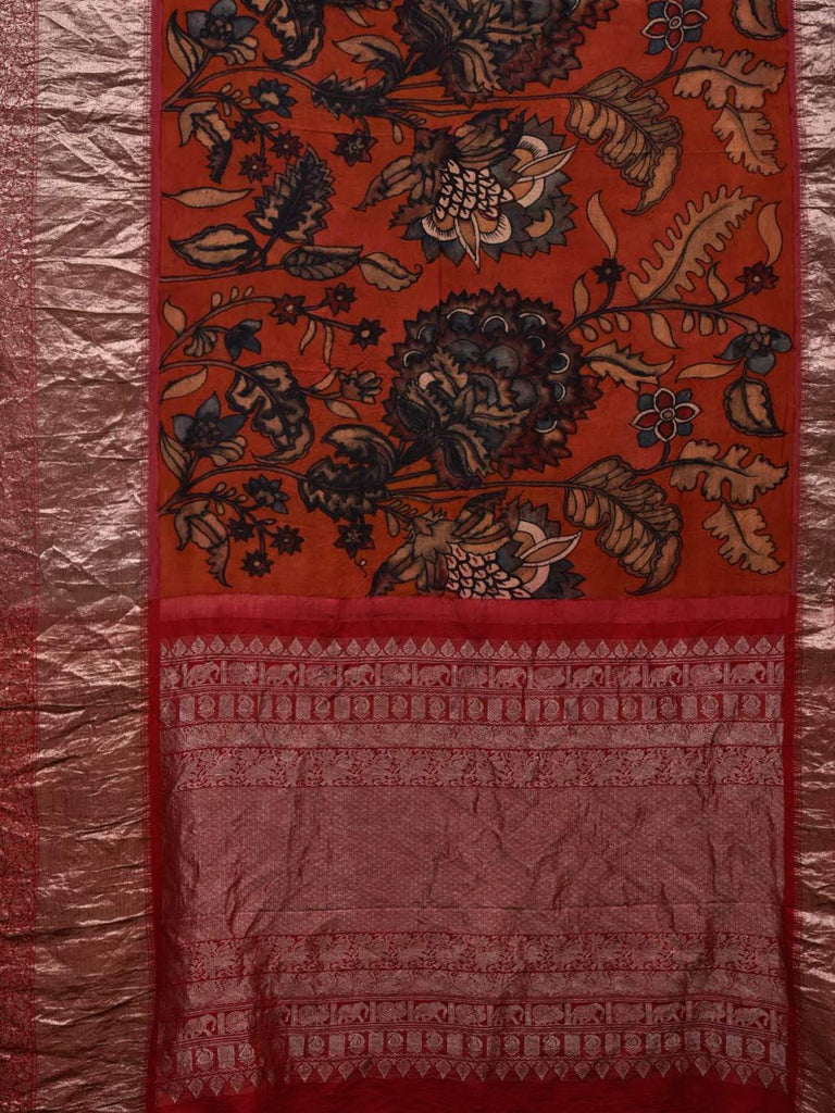 Red Kalamkari Hand Painted Kanchipuram Silk Handloom Saree with Big Floral Design KL0526