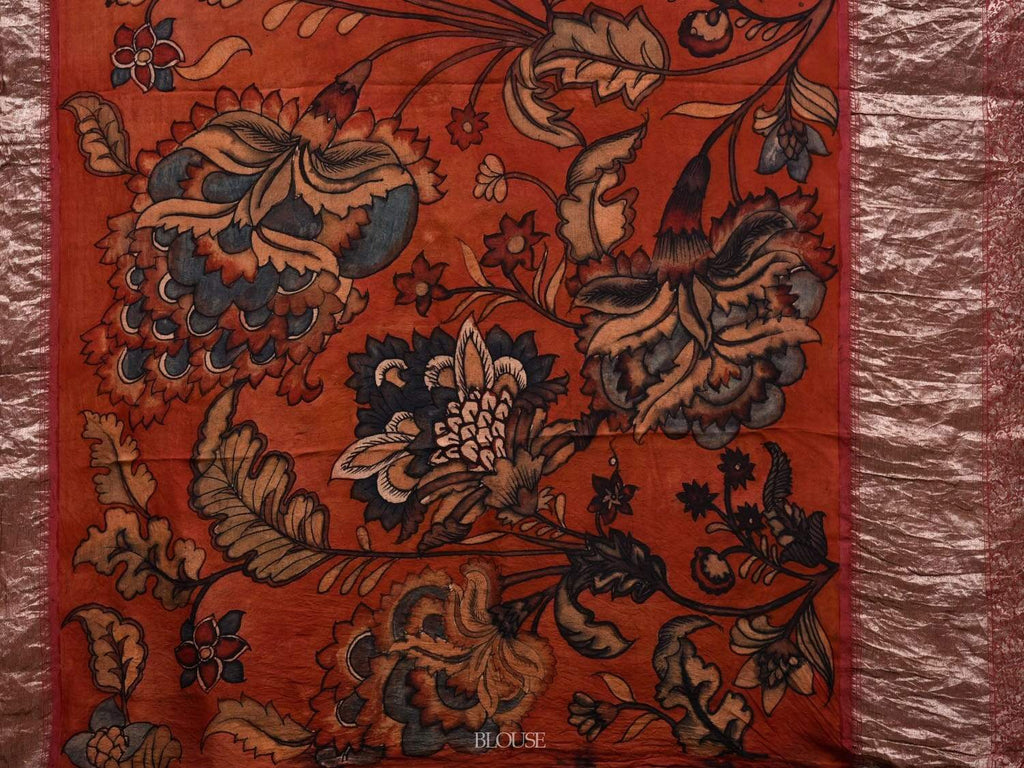 Red Kalamkari Hand Painted Kanchipuram Silk Handloom Saree with Big Floral Design KL0526