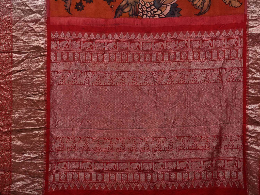 Red Kalamkari Hand Painted Kanchipuram Silk Handloom Saree with Big Floral Design KL0526