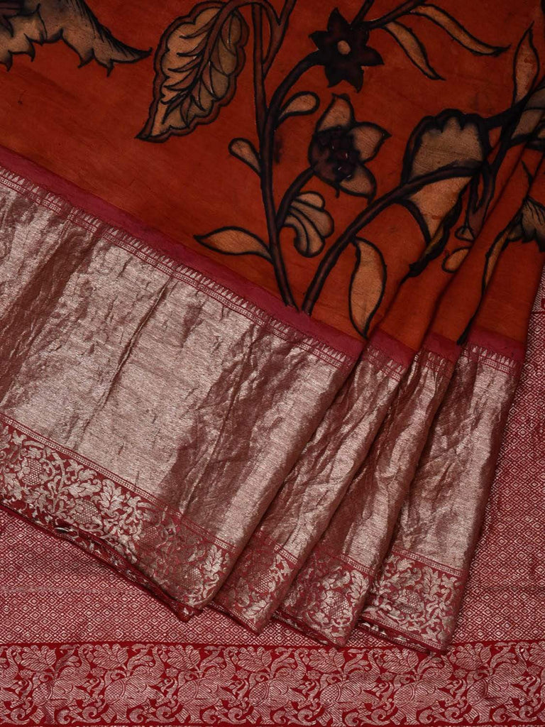 Red Kalamkari Hand Painted Kanchipuram Silk Handloom Saree with Big Floral Design KL0526