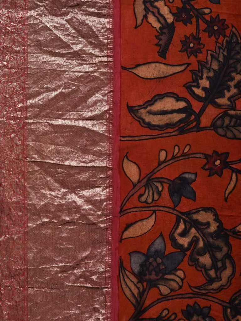 Red Kalamkari Hand Painted Kanchipuram Silk Handloom Saree with Big Floral Design KL0526