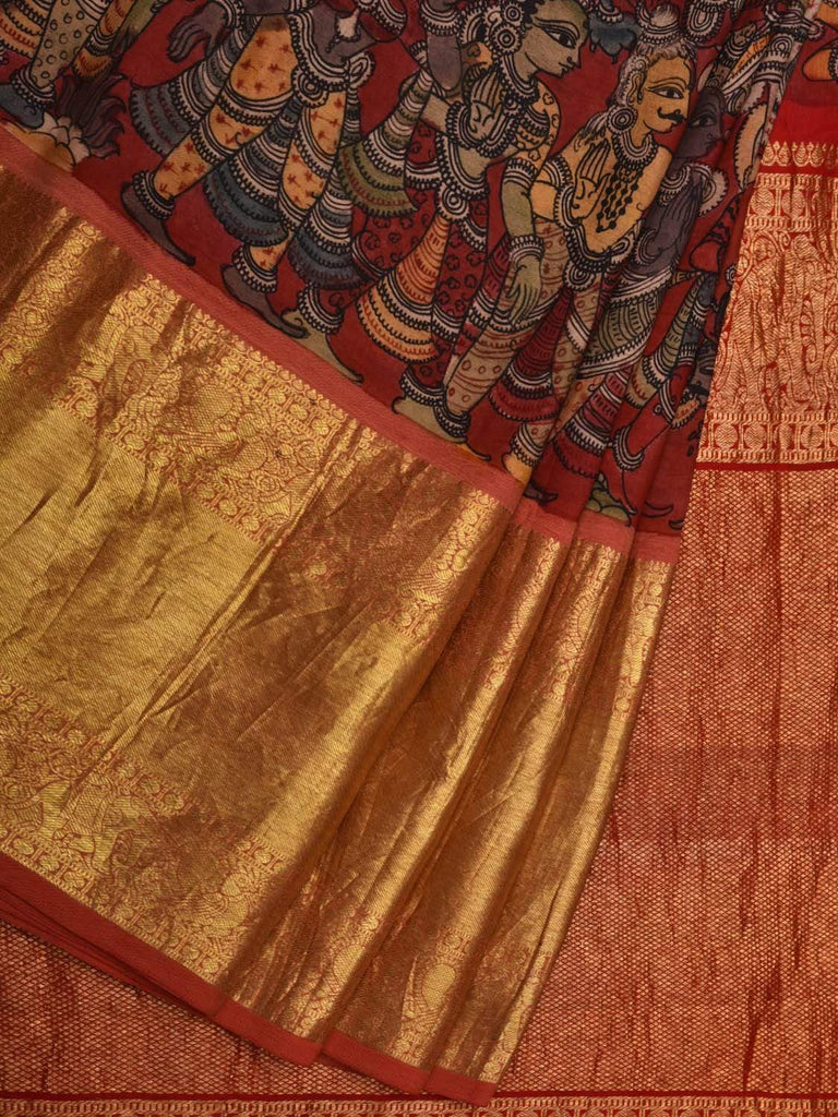 Red Kalamkari Hand Painted Kanchipuram Silk Handloom Saree with Dashavatar Design KL0557