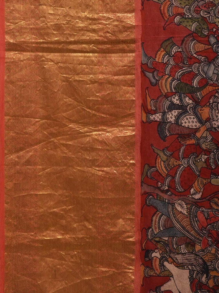 Red Kalamkari Hand Painted Kanchipuram Silk Handloom Saree with Dashavatar Design KL0557