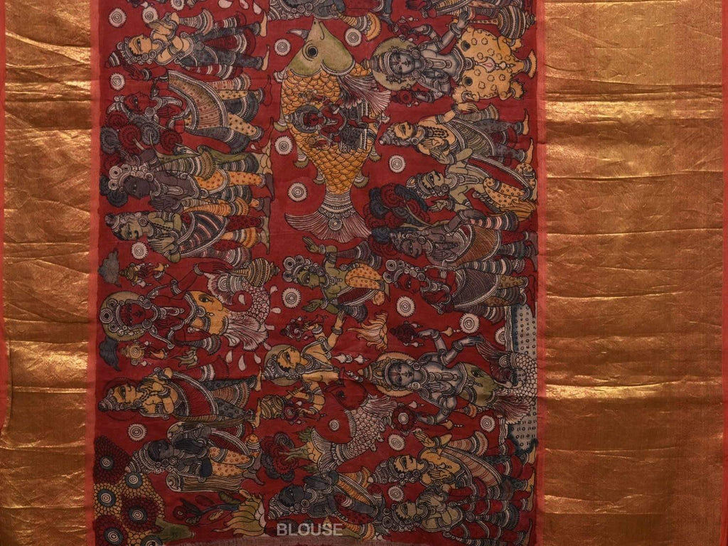 Red Kalamkari Hand Painted Kanchipuram Silk Handloom Saree with Dashavatar Design KL0557