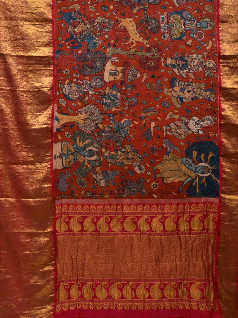 Red Kalamkari Hand Painted Kanchipuram Silk Handloom Saree with Dashavatar Design KL0629