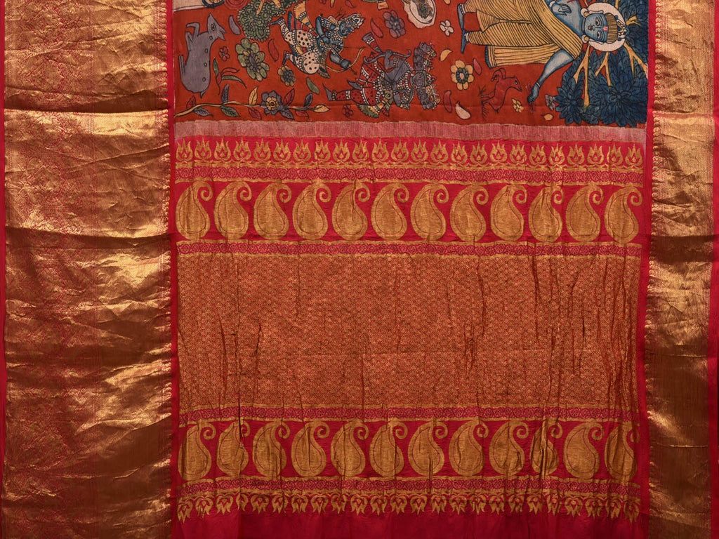 Red Kalamkari Hand Painted Kanchipuram Silk Handloom Saree with Dashavatar Design KL0629