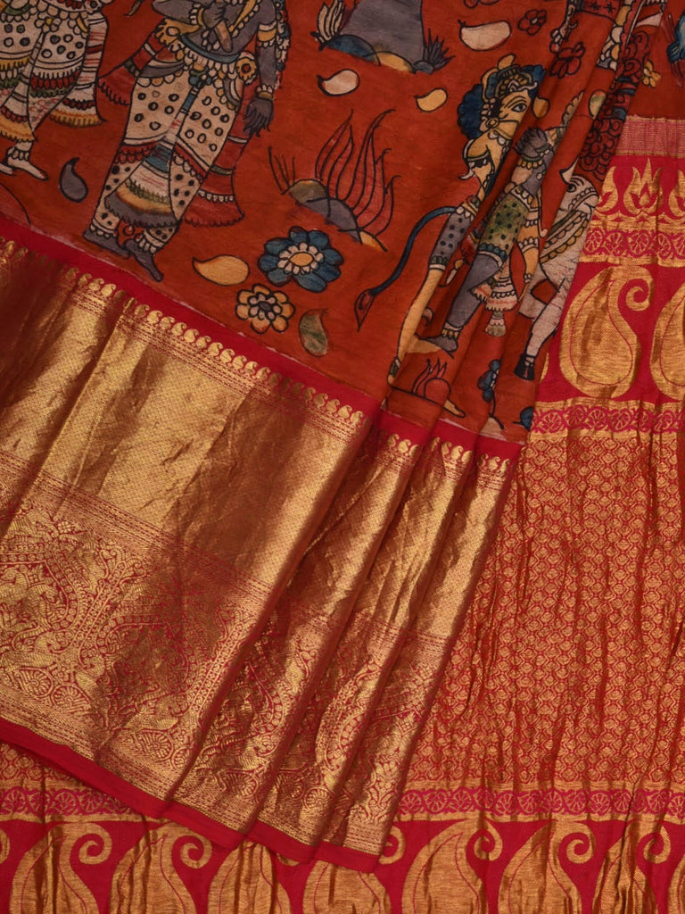 Red Kalamkari Hand Painted Kanchipuram Silk Handloom Saree with Dashavatar Design KL0629