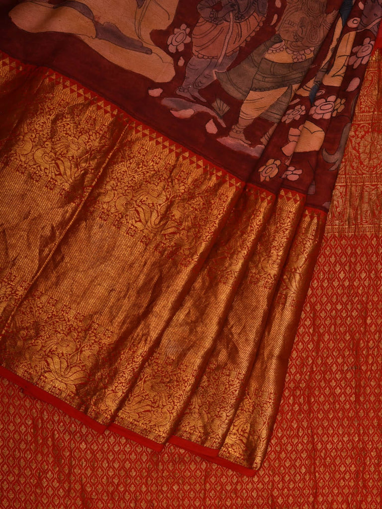 Red Kalamkari Hand Painted Kanchipuram Silk Handloom Saree with Dashavatar Design KL0665