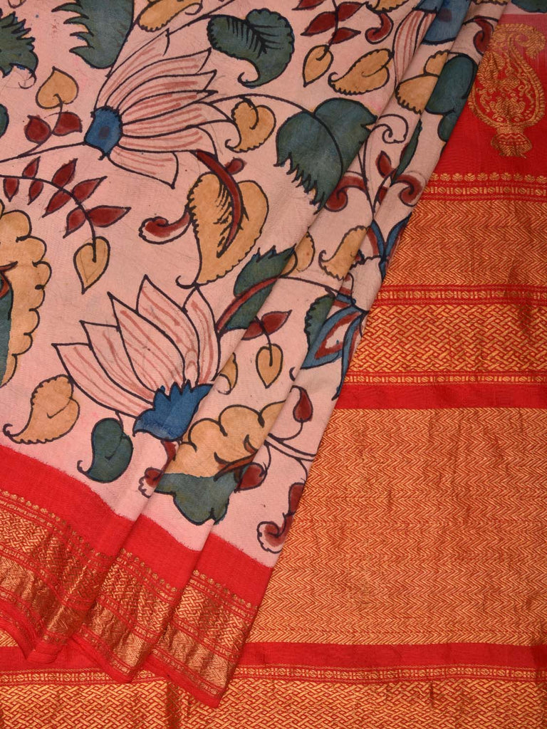 Red Kalamkari Hand Painted Kanchipuram Silk Handloom Saree with Floral Design KL0470