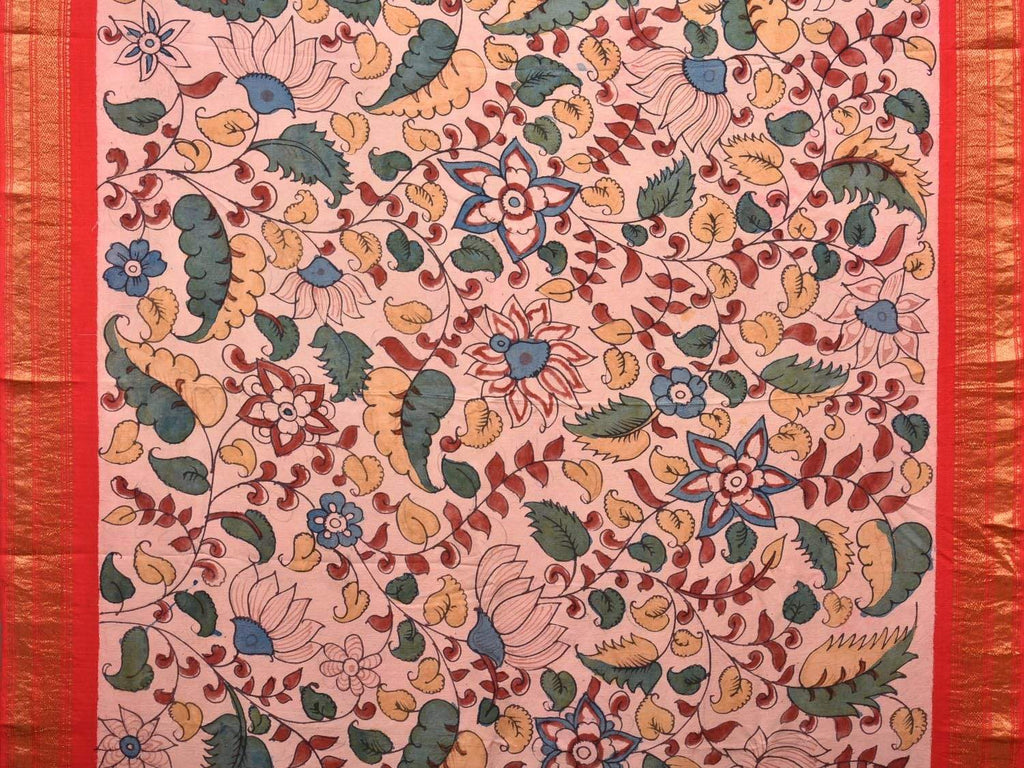 Red Kalamkari Hand Painted Kanchipuram Silk Handloom Saree with Floral Design KL0470