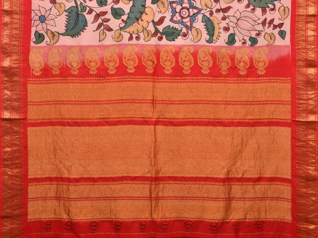 Red Kalamkari Hand Painted Kanchipuram Silk Handloom Saree with Floral Design KL0470