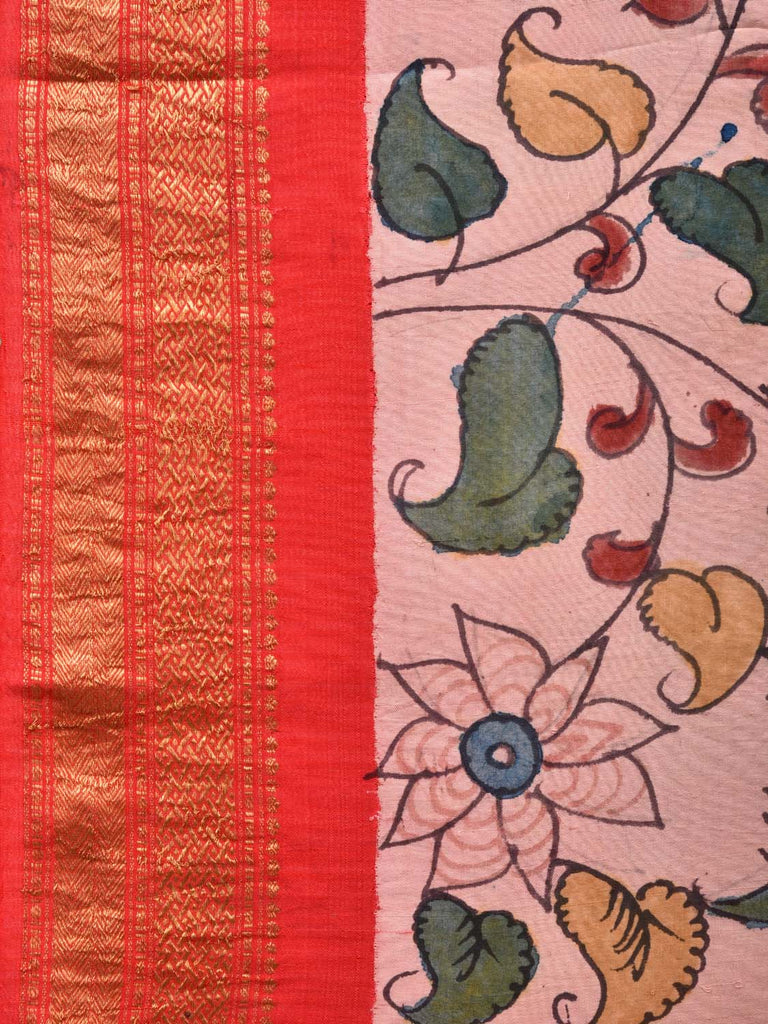 Red Kalamkari Hand Painted Kanchipuram Silk Handloom Saree with Floral Design KL0470