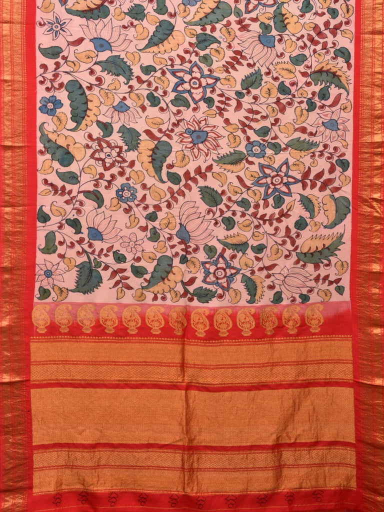 Red Kalamkari Hand Painted Kanchipuram Silk Handloom Saree with Floral Design KL0470