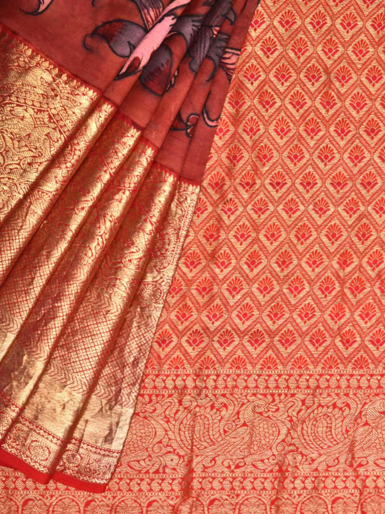 Red Kalamkari Hand Painted Kanchipuram Silk Handloom Saree with Flowers Design KL0253