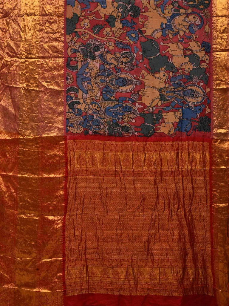 Red Kalamkari Hand Painted Kanchipuram Silk Handloom Saree with Krishna Leela Design KL0513