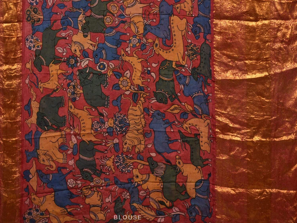 Red Kalamkari Hand Painted Kanchipuram Silk Handloom Saree with Krishna Leela Design KL0513