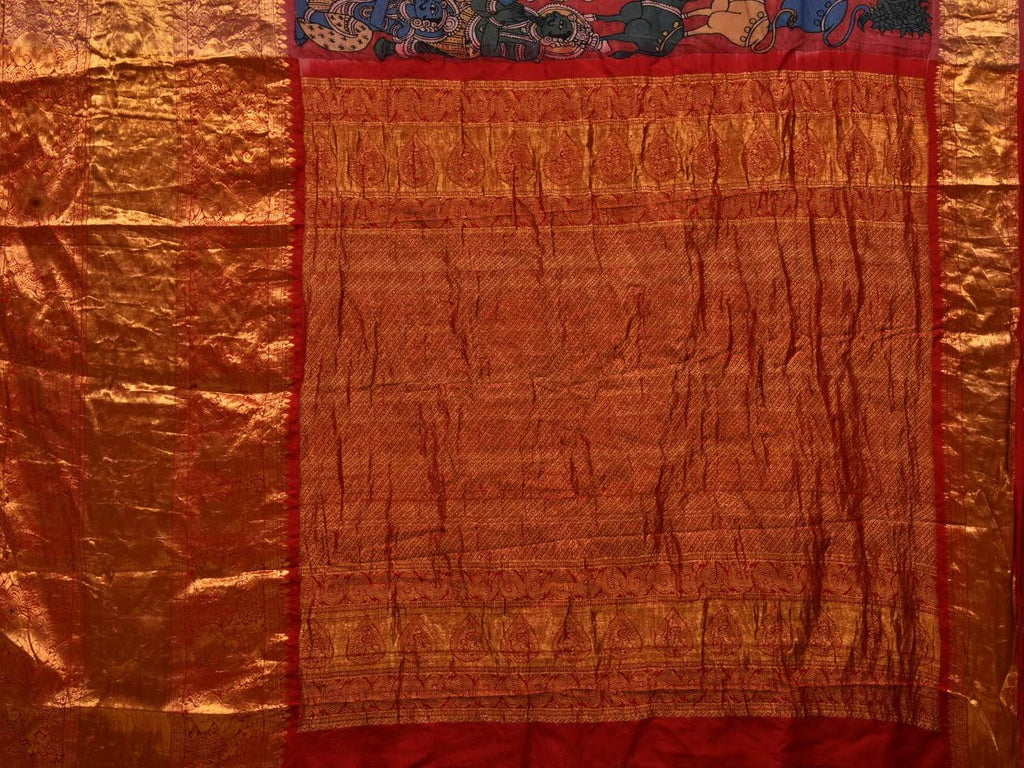 Red Kalamkari Hand Painted Kanchipuram Silk Handloom Saree with Krishna Leela Design KL0513