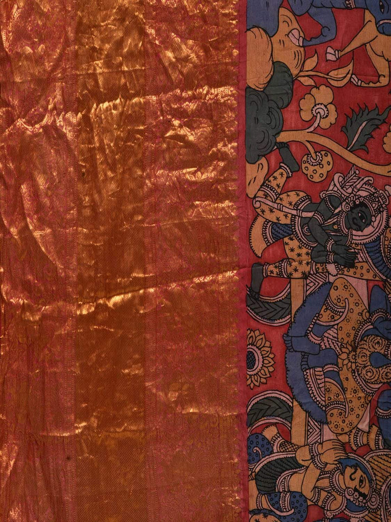 Red Kalamkari Hand Painted Kanchipuram Silk Handloom Saree with Krishna Leela Design KL0513